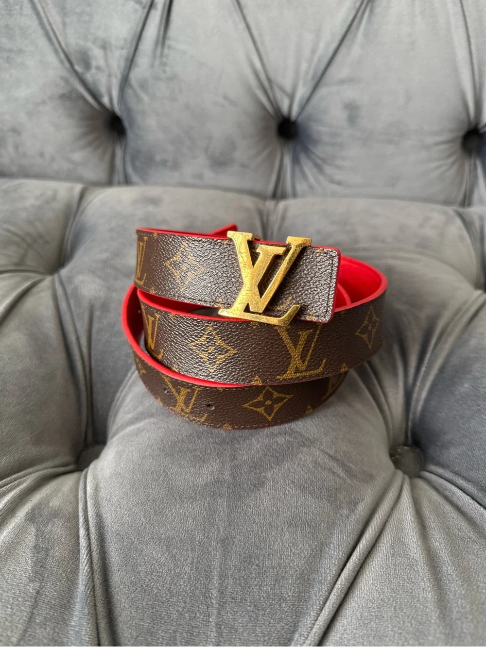 Louis Vuitton Brown Red Monogram Belt reversible Gold LV Buckle size